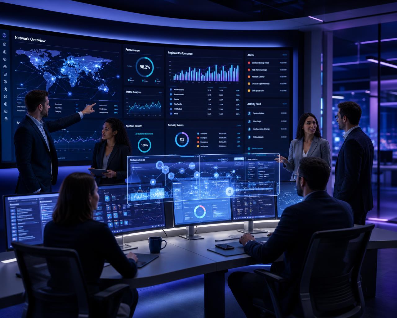 Enterprise technology team collaborating inside a modern Network Operations Center with large monitoring dashboards, cloud architecture visualizations and blue ambient lighting