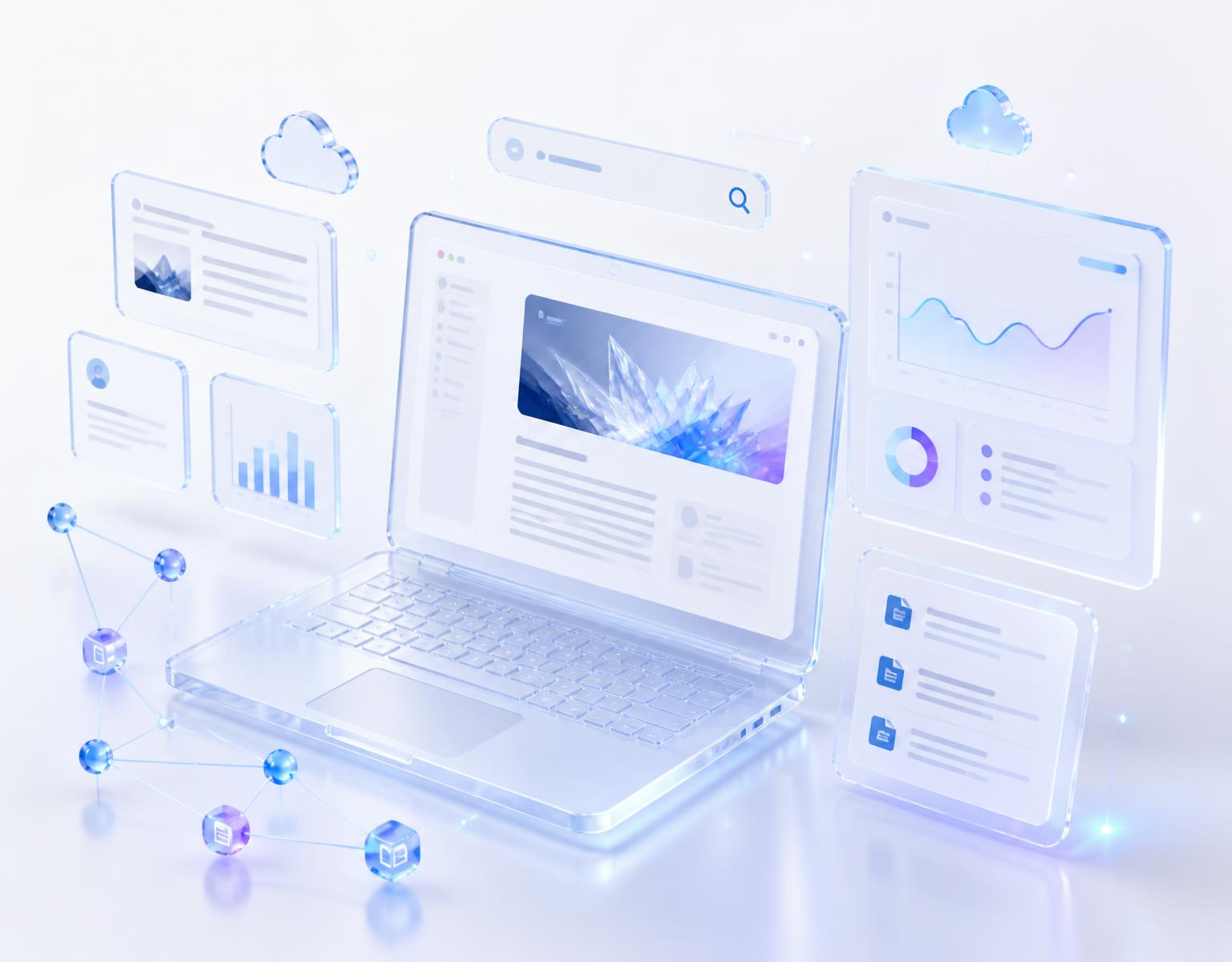 Premium editorial technology scene with a glass laptop, floating article cards, analytics dashboard, documentation panels, cloud icons, a knowledge graph and a search interface