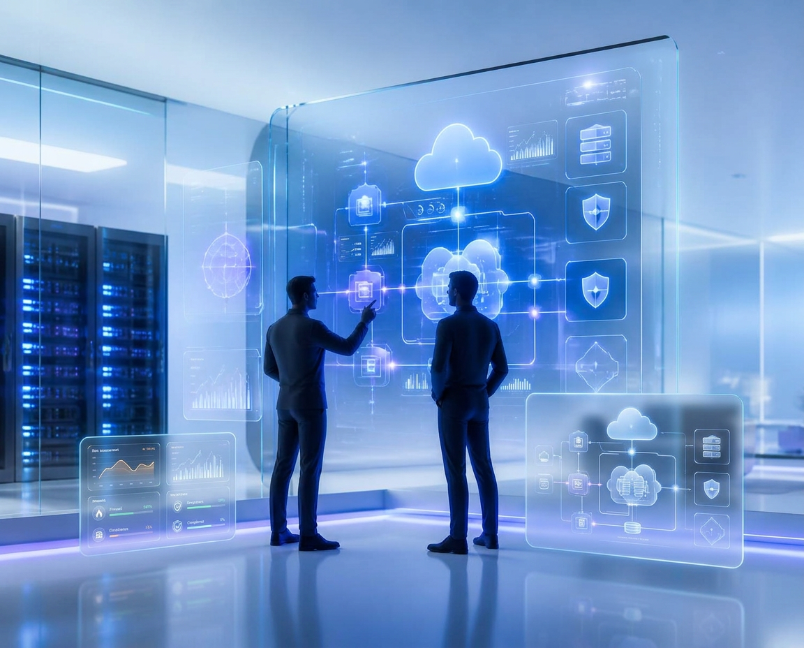 Enterprise consultation scene with engineers reviewing a cloud infrastructure dashboard, glass UI overlays and a cloud topology visualization