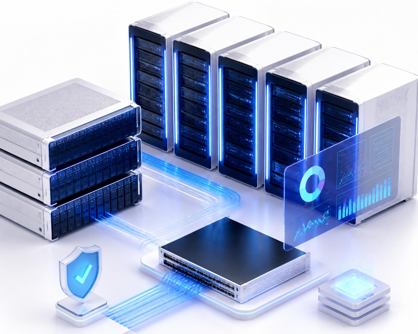 Premium 3D illustration of enterprise bare metal dedicated servers with rack units, a network switch, storage arrays, a floating performance monitoring dashboard and a security shield.
