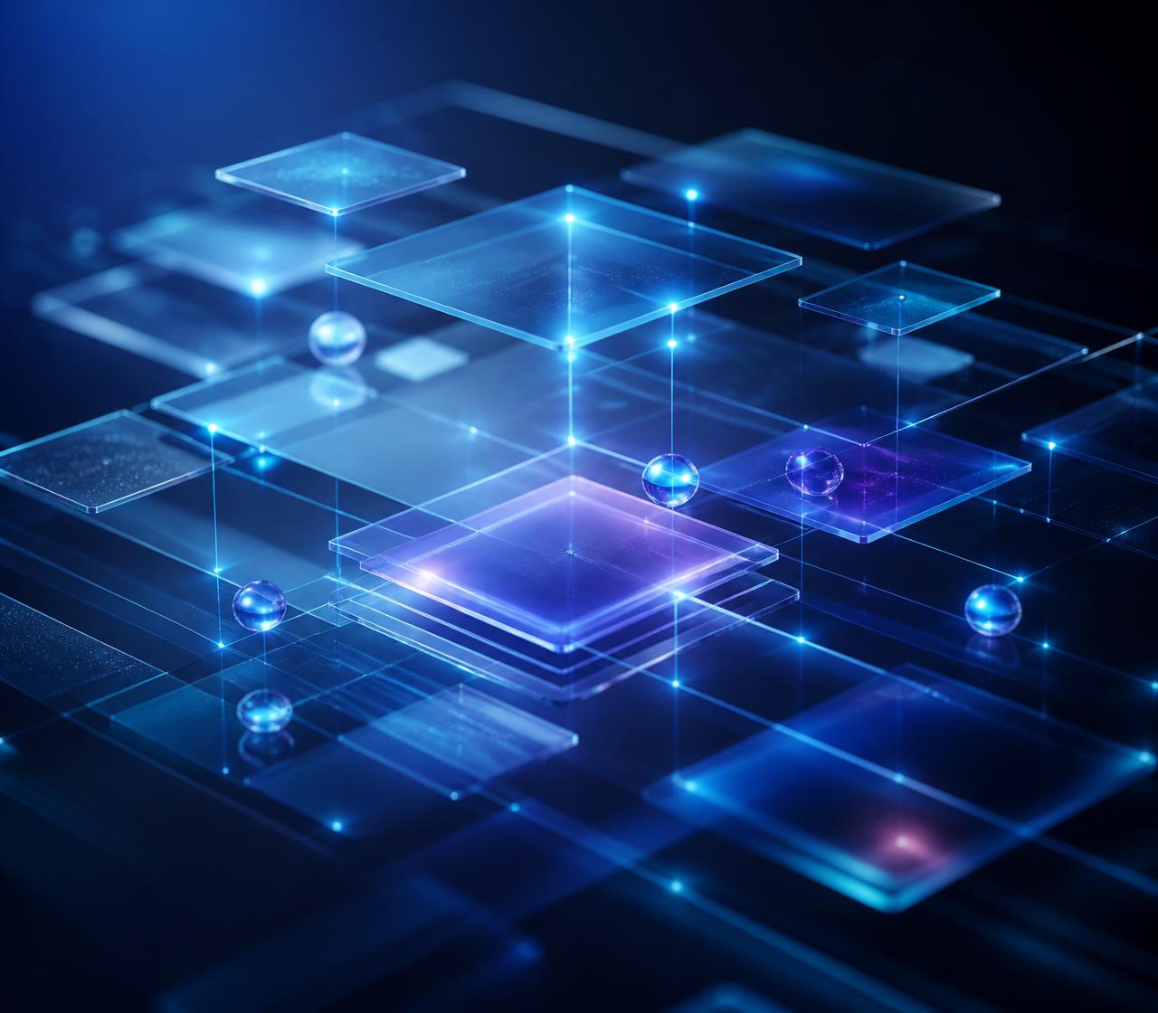 Abstract 3D composition of floating glass infrastructure layers connected by glowing network nodes