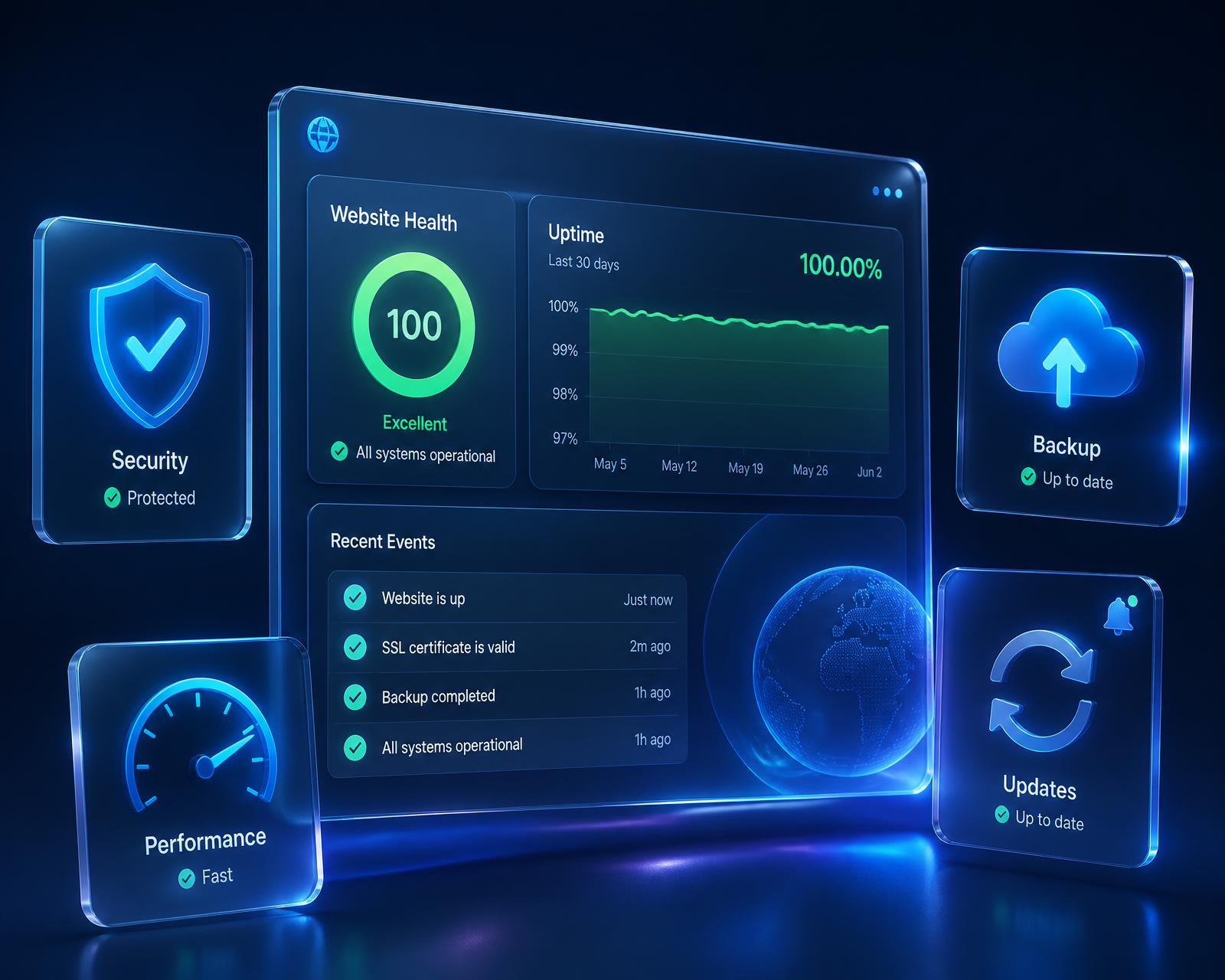 Premium 3D illustration of a website monitoring dashboard with a health score, uptime chart, security shield, backup sync, performance gauge and update notifications.