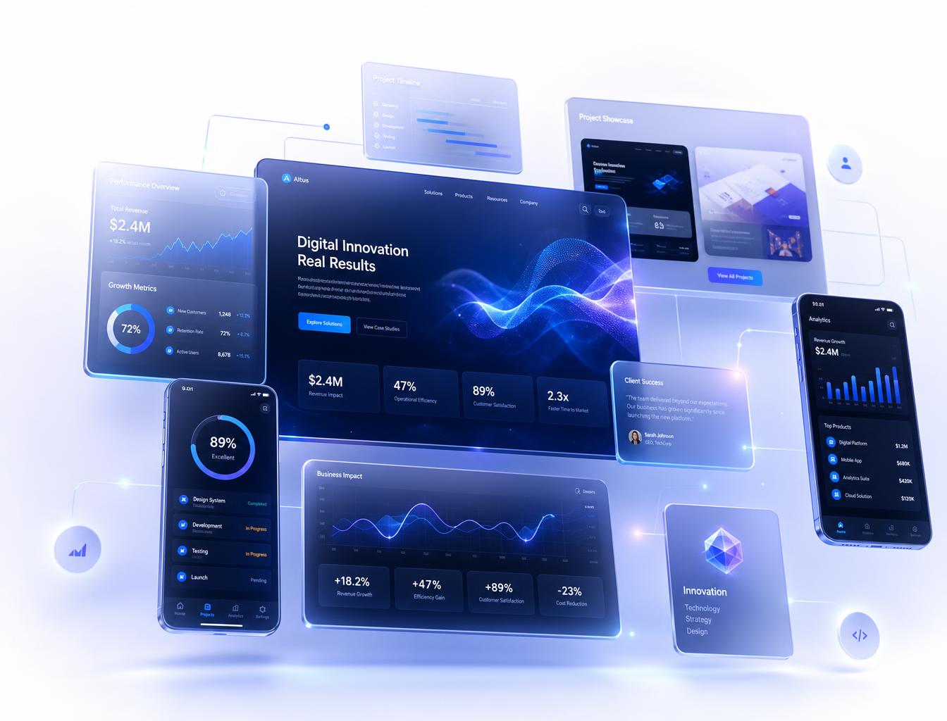 Floating portfolio showcase of premium glass project cards, website previews, dashboards, mobile screens and analytics overlays connected by soft blue light
