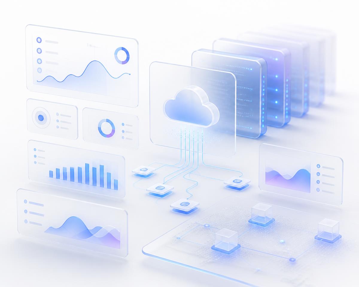 Abstract glass dashboard panels showing infrastructure performance charts and uptime metrics