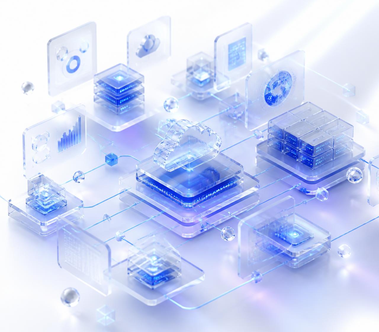 Futuristic enterprise technology ecosystem with floating glass dashboard panels, cloud architecture nodes and glowing blue network connections
