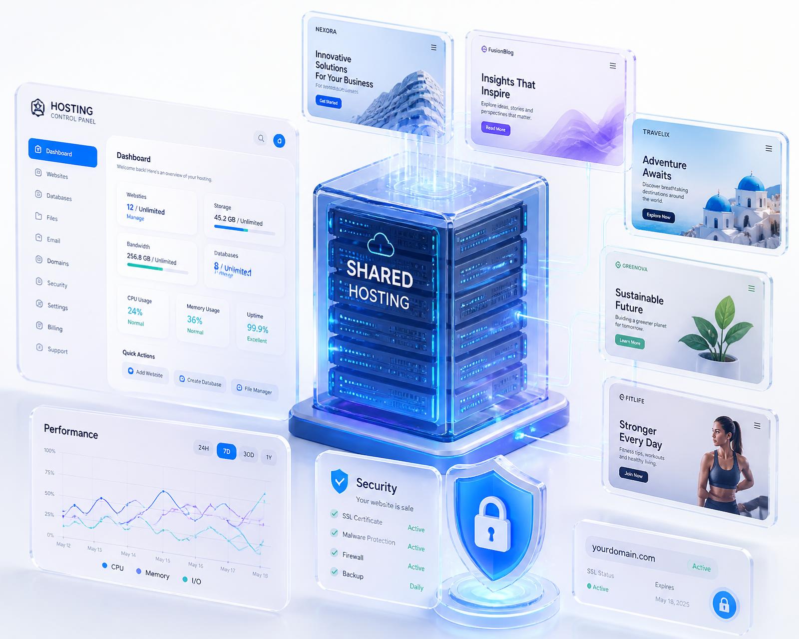 Premium 3D illustration of shared web hosting infrastructure with a glass server stack, hosting control panel, website previews, performance charts and security shield.